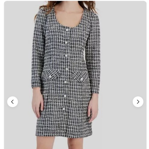 Taylor womens tweed black and white boule knit button front mini dress - Picture 1 of 5